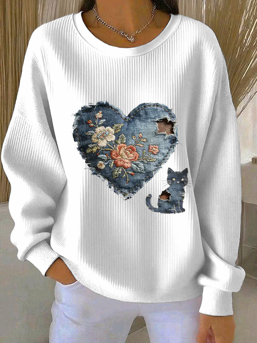 Women's Vintage Cat Patchwork Print Denim Patchwork Top