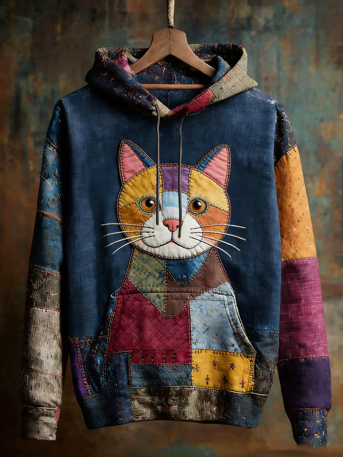 Men's Vintage Patchwork Cat Print Art Casual Hoodie