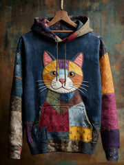Men's Vintage Patchwork Cat Print Art Casual Hoodie