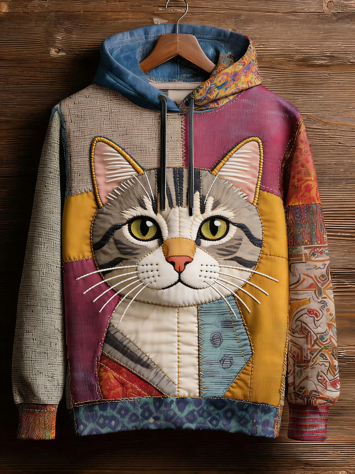 Men's Vintage Patchwork Cat Print Art Casual Hoodie