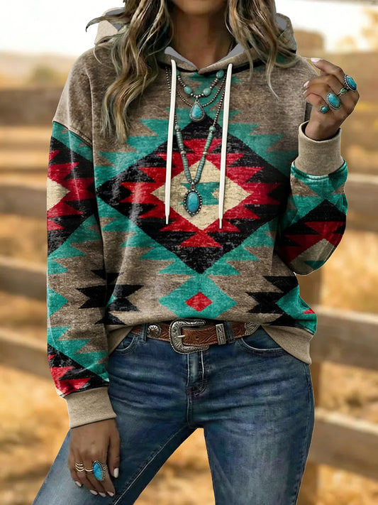 Women's Vintage Western Aztec Art Drawstring Hoodie