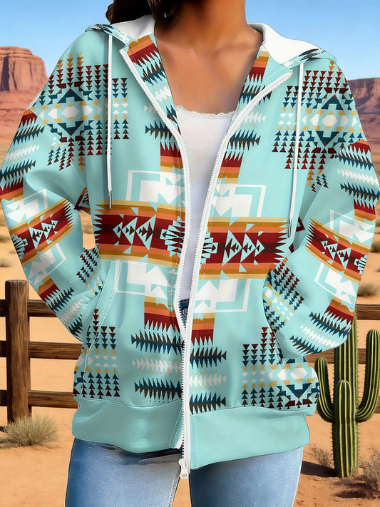 Women's Vintage Western Aztec Art Zip-Up Hoodie