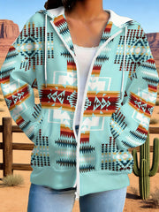 Women's Vintage Western Aztec Art Zip-Up Hoodie