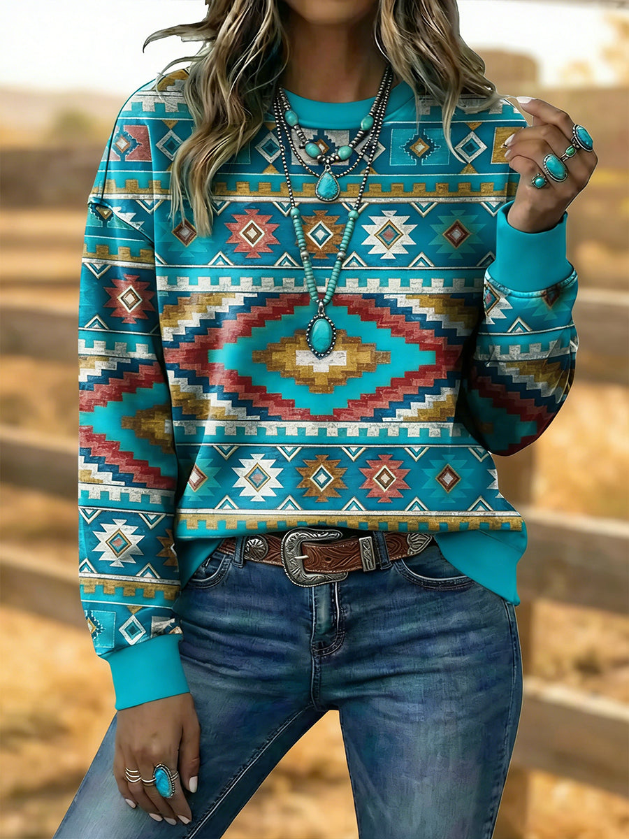 Women's Vintage Western Aztec Art Drawstring Sweatshirt
