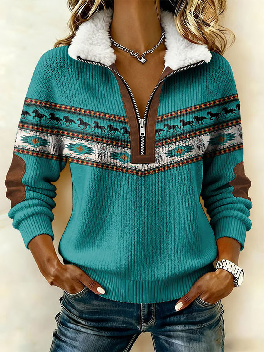 Women's Vintage Western Aztec Printed Fur Collar  Sweatshirt