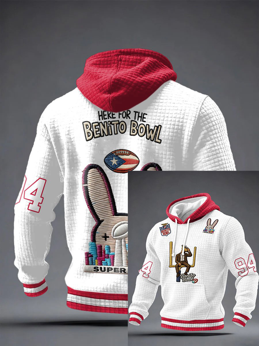 Men's Bunny Football Music Lover Printed Checkered Cotton Hoodie