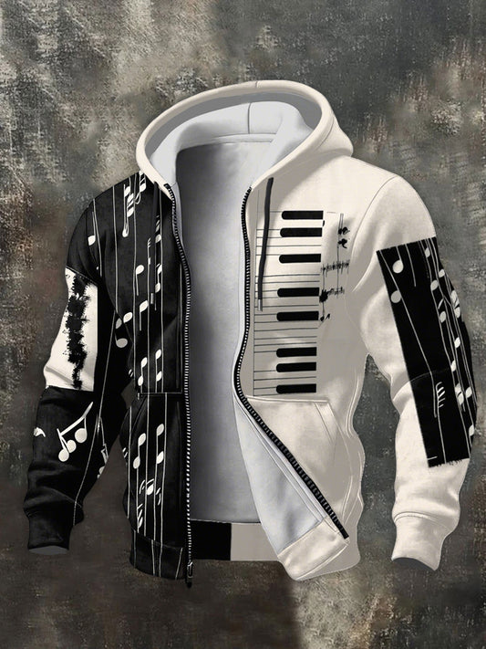 Men's Music Note Art Print Zip-Up Hoodie