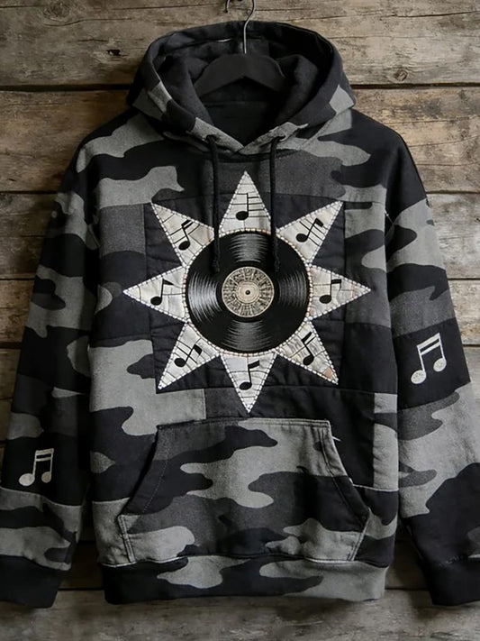 Men's Music Note Art Print Casual Hoodie with Pocket