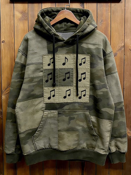 Men's Music Note Art Print Casual Hoodie with Pocket
