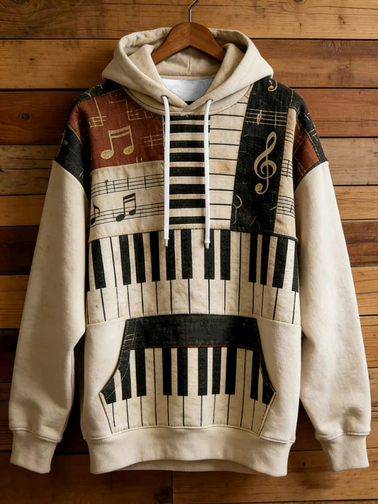 Men's Music Note Art Print Casual Hoodie with Pocket