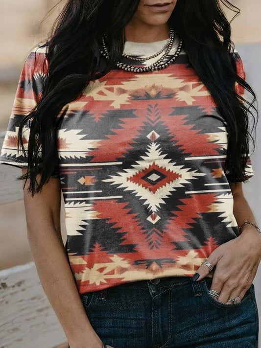 Women's Vintage Western Aztec Print Casual Short Sleeve T-shirt
