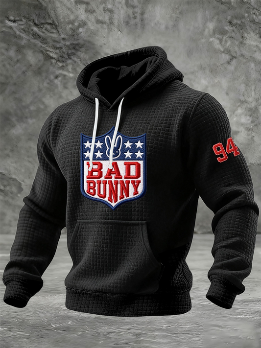 Men's Bunny Football Music Lover Printed Checkered Cotton Hoodie