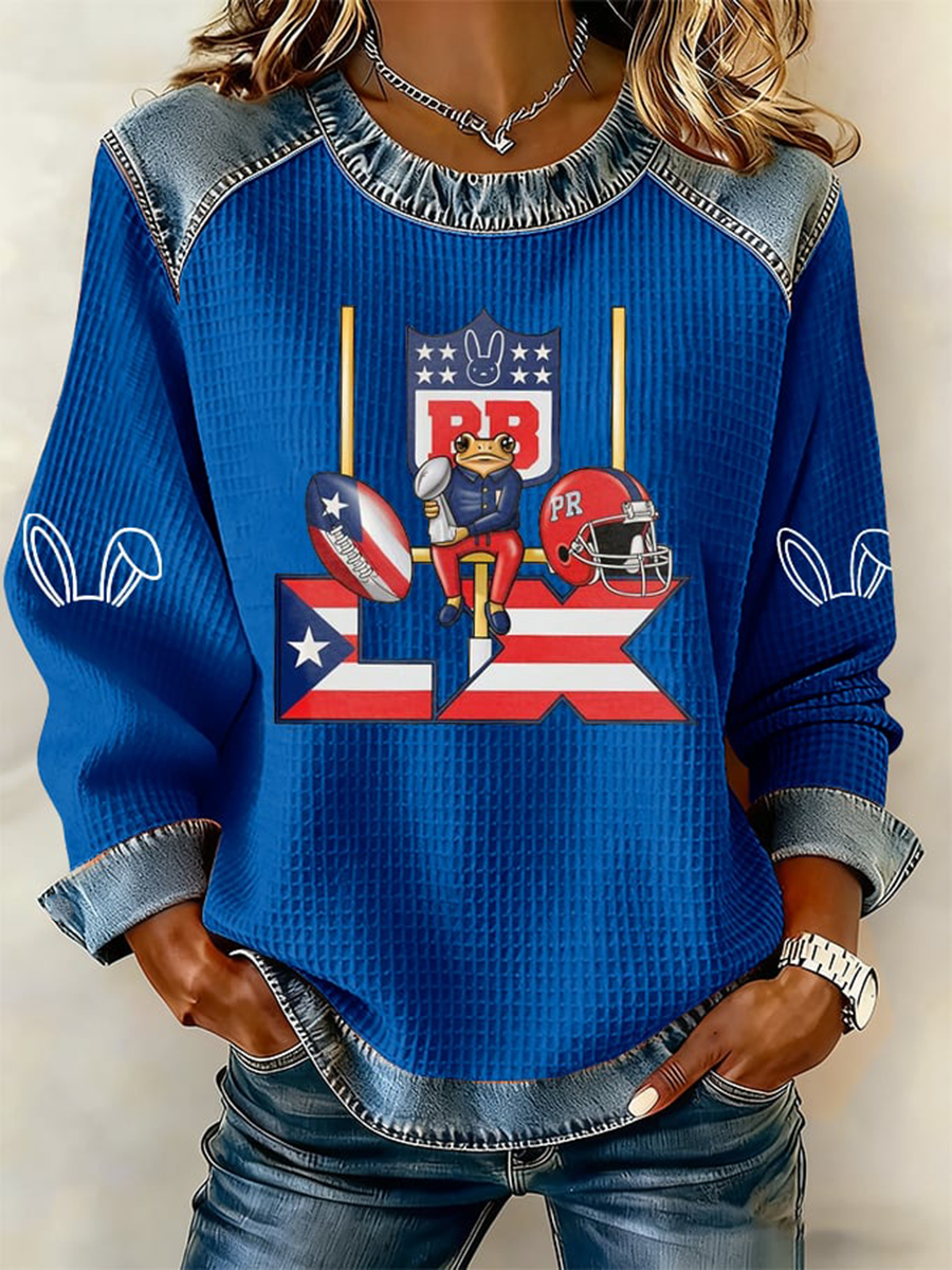 Women's Bunny Football Music Lover Printed Denim Patchwork Top