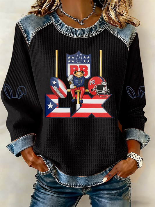 Women's Bunny Football Music Lover Printed Denim Patchwork Top