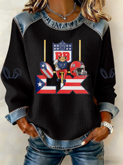 Women's Bunny Football Music Lover Printed Denim Patchwork Top