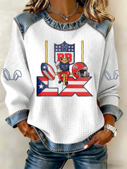 Women's Bunny Football Music Lover Printed Denim Patchwork Top