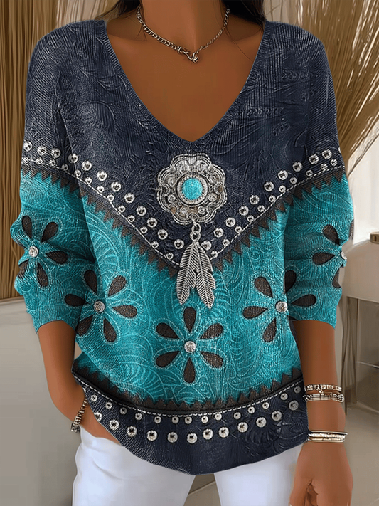 Women's Western Print V-Neck Ribbed Top