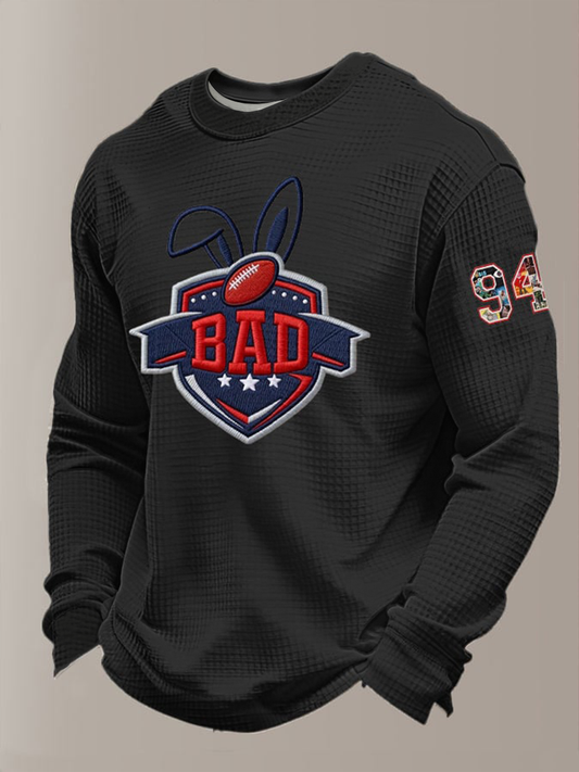 Men's Bunny Football Music Lover Printed Waffle Long Sleeve Top