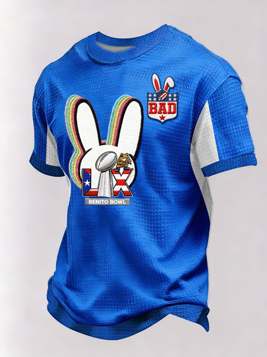 Men's Bunny Football Music Lover Printed Waffle Short Sleeve