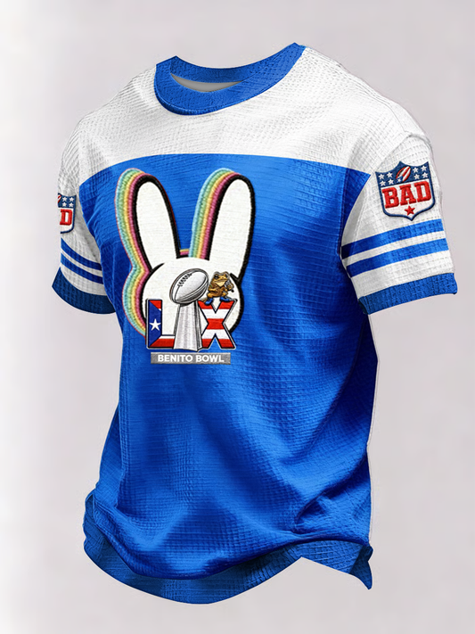 Men's Bunny Football Music Lover Printed Waffle Short Sleeve