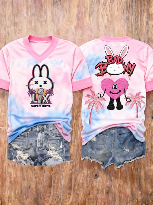 Women's Bunny Football Music Lover Printed short-sleeved T-shirt