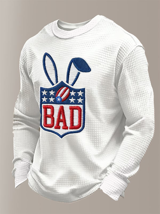 Men's Bunny Football Music Lover Printed Waffle Long Sleeve T-Shirt