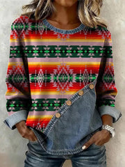Women's Vintage Western Aztec Pattern Casual Button Sweatshirt