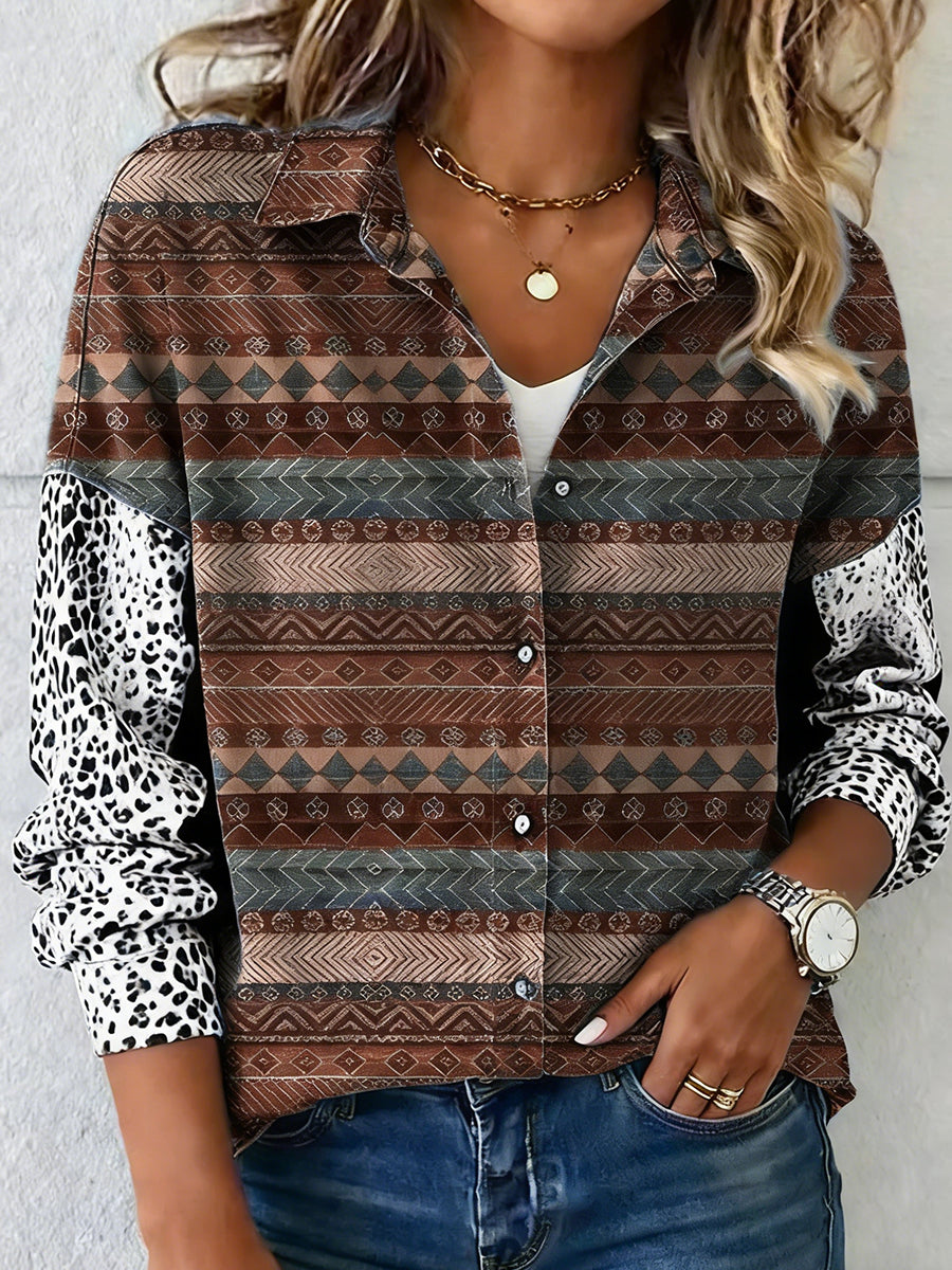Women's Vintage Western Ethnic Aztec Leopard  Pattern Print Casual  Shirt