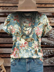 Women's Vintage Elegant Soft Western Flowers Art Cotton T-shirt Top