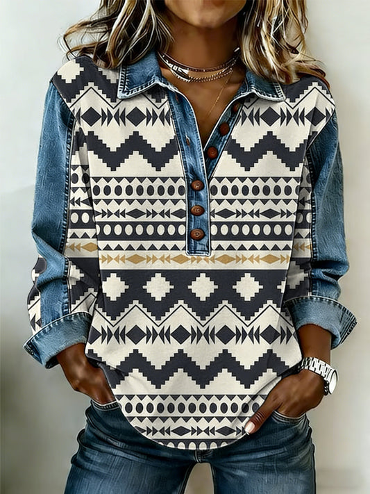 Women's Vintage Western Pattern Patchwork Art Sweatshirt