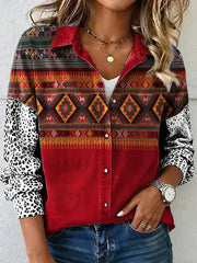 Women's Vintage Western Ethnic Aztec Leopard  Pattern Print Casual  Shirt