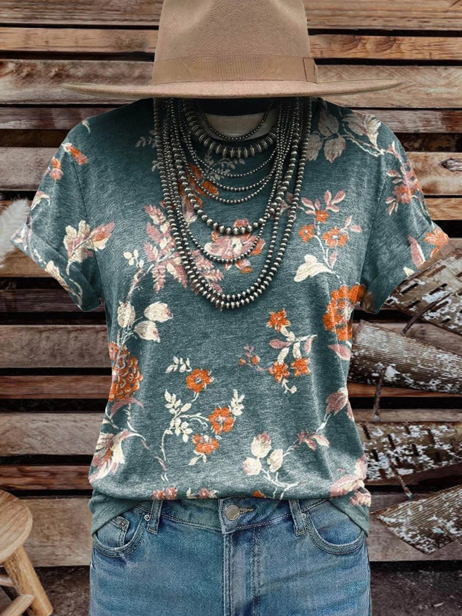 Women's Vintage Elegant Soft Western Flowers Art Cotton T-shirt Top
