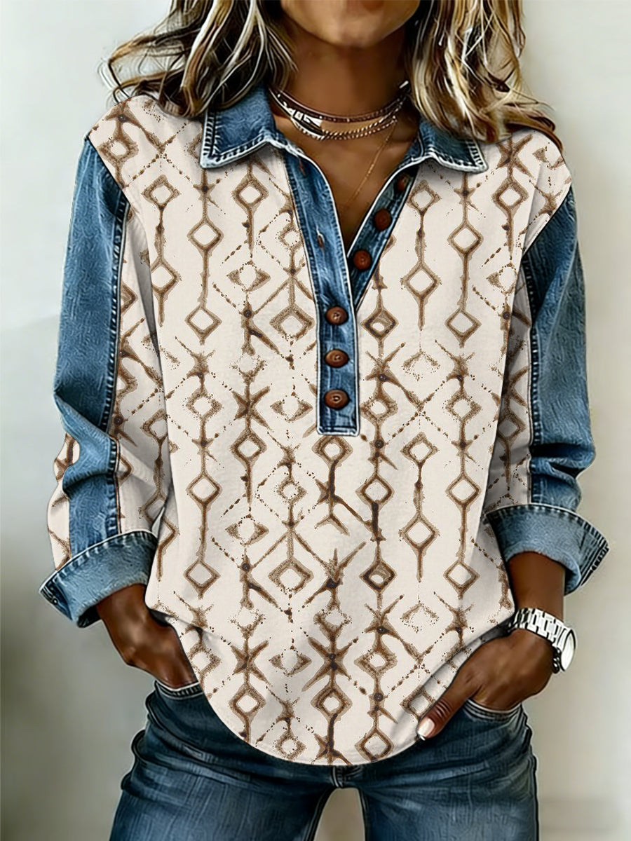 Women's Vintage Western Pattern Patchwork Art Sweatshirt