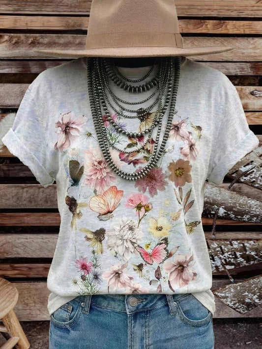 Women's Vintage Elegant Soft Western Flowers Art Cotton T-shirt Top