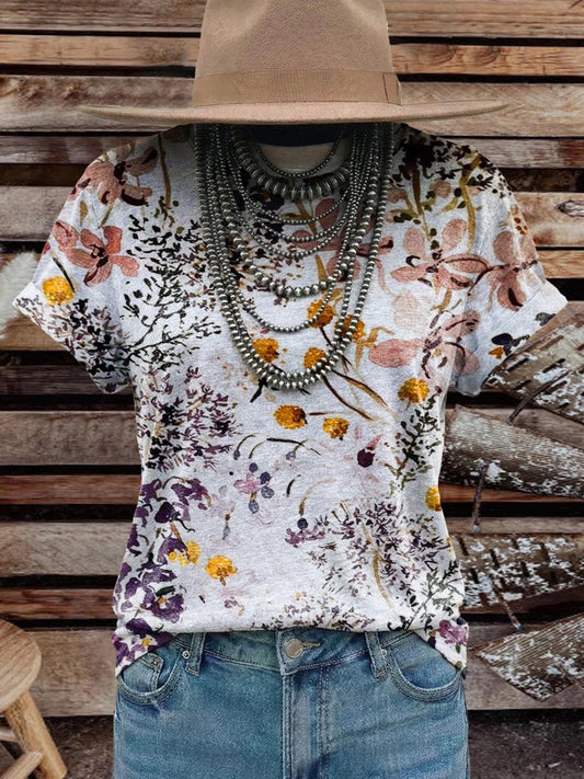 Women's Vintage Elegant Soft Western Flowers Art Cotton T-shirt Top