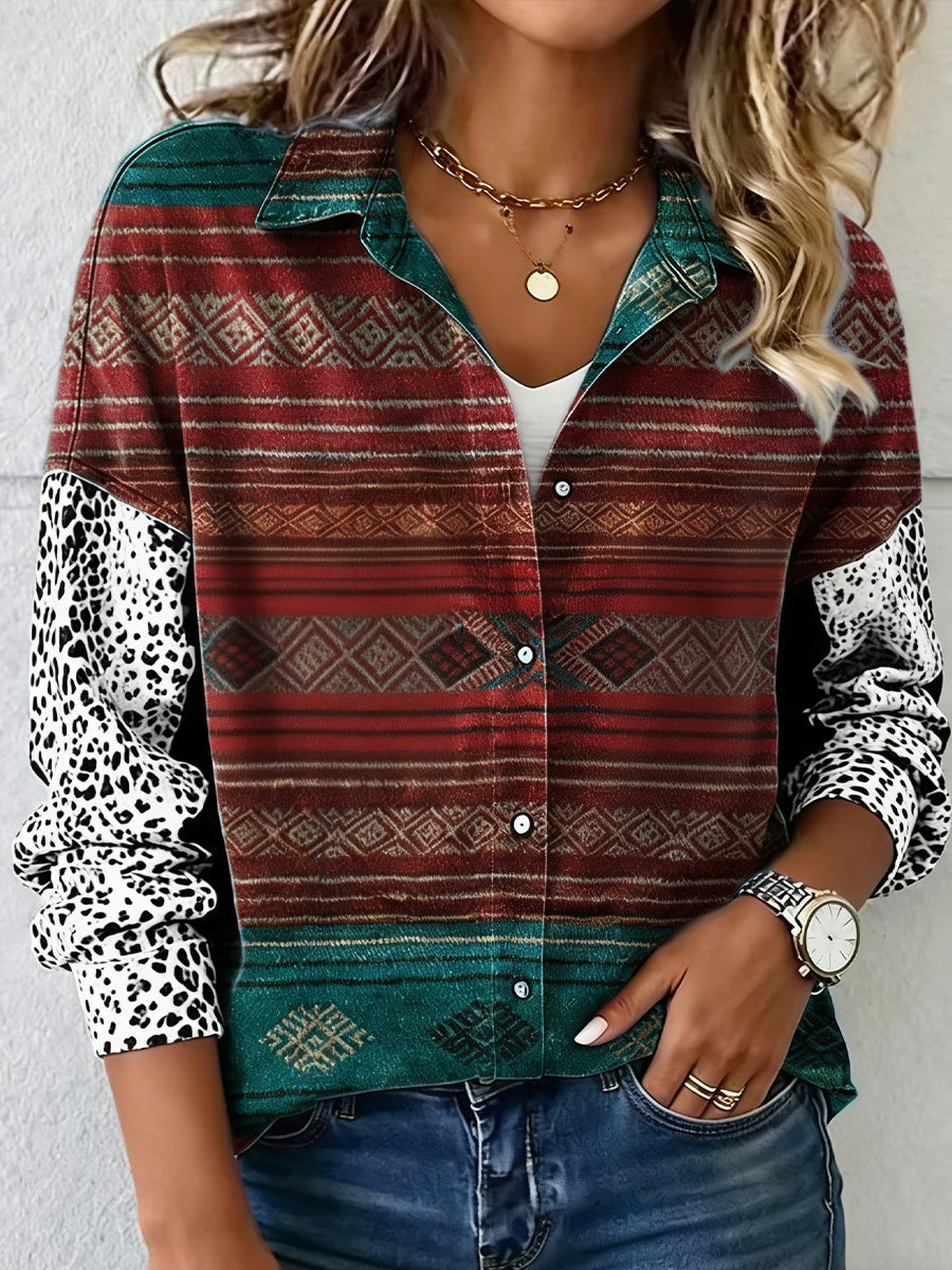 Women's Vintage Western Ethnic Aztec Leopard  Pattern Print Casual  Shirt