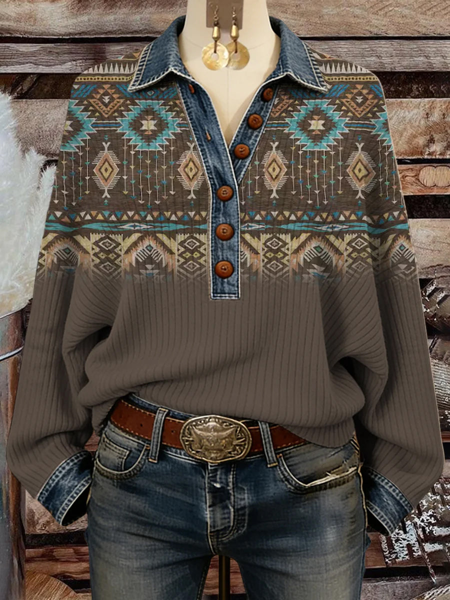 Women's Vintage Western Ethnic Aztec Art Patchwork Sweatshirt