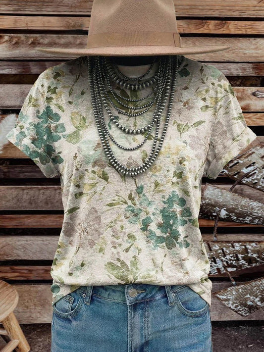 Women's Vintage Elegant Soft Western Flowers Art Cotton T-shirt Top