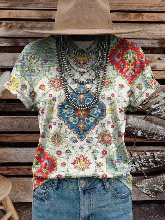 Women's Vintage Elegant Soft Western Flowers Art Cotton T-shirt Top