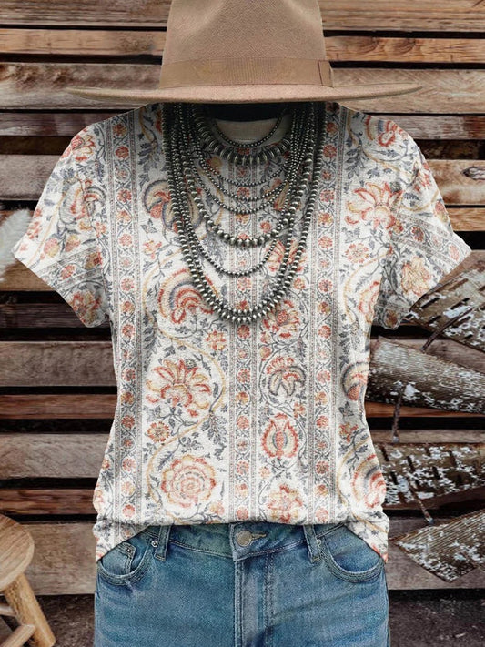 Women's Vintage Elegant Soft Western Flowers Art Cotton T-shirt Top